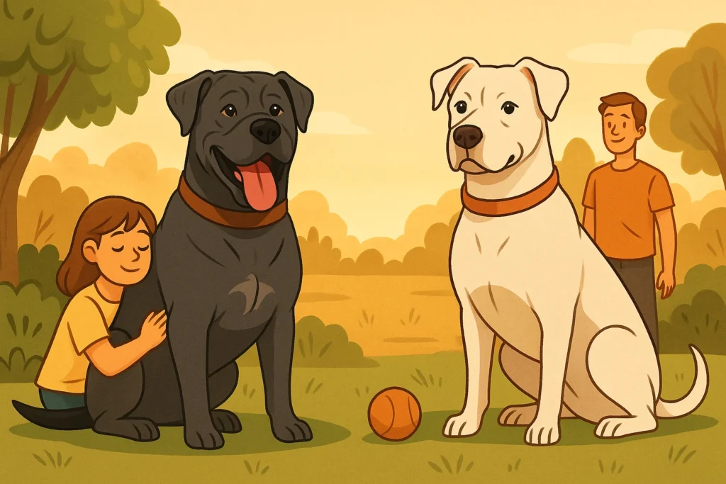 Cane Corso vs Dogo Argentino: illustrated comparison showing their temperament and personality traits, with one calm and alert, the other confident and playful.