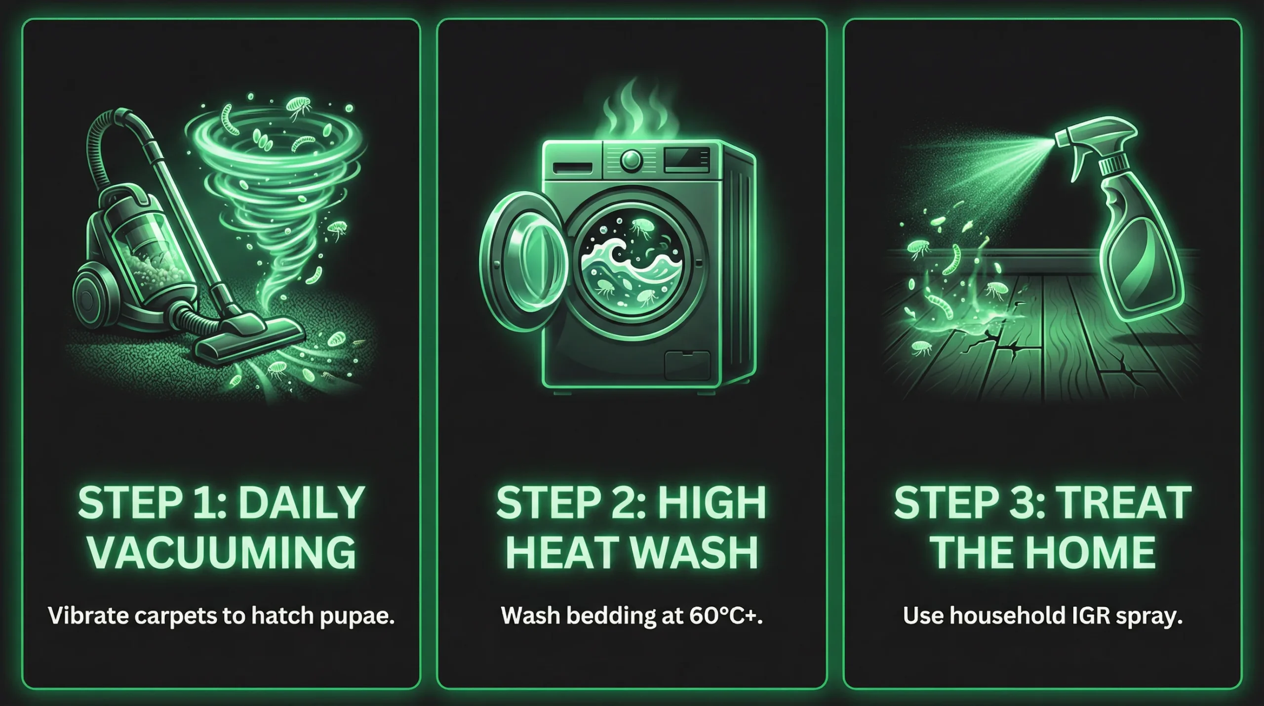 Cat fleas vs dog fleas environmental control steps showing vacuuming, high heat washing, and home treatment