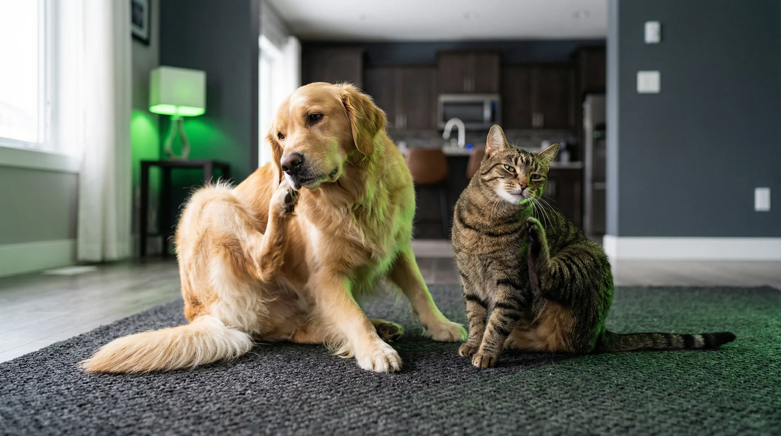 Cat fleas vs dog fleas in a multi-pet home, showing a dog and cat scratching due to flea infestation