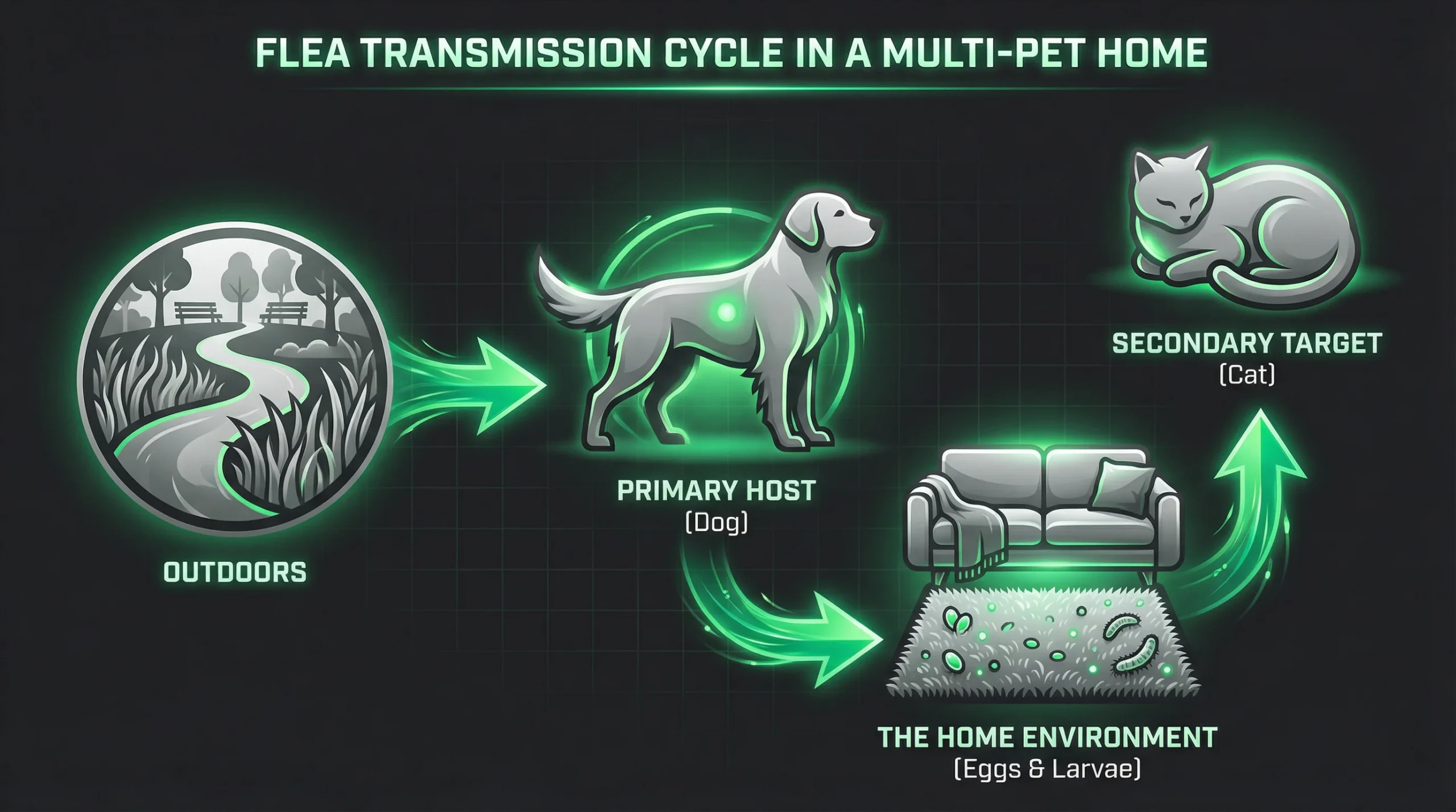Cat fleas vs dog fleas transmission cycle in a multi-pet home showing spread between dog, cat, and home environment