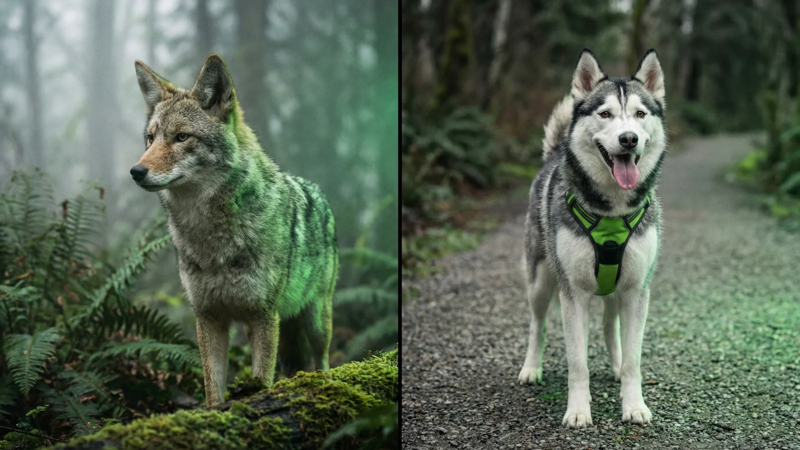 A split-screen visual comparison of a coyote vs dog, showing a wild coyote standing in a misty forest on the left, versus a domestic Siberian Husky wearing a green safety harness on a gravel trail on the right.