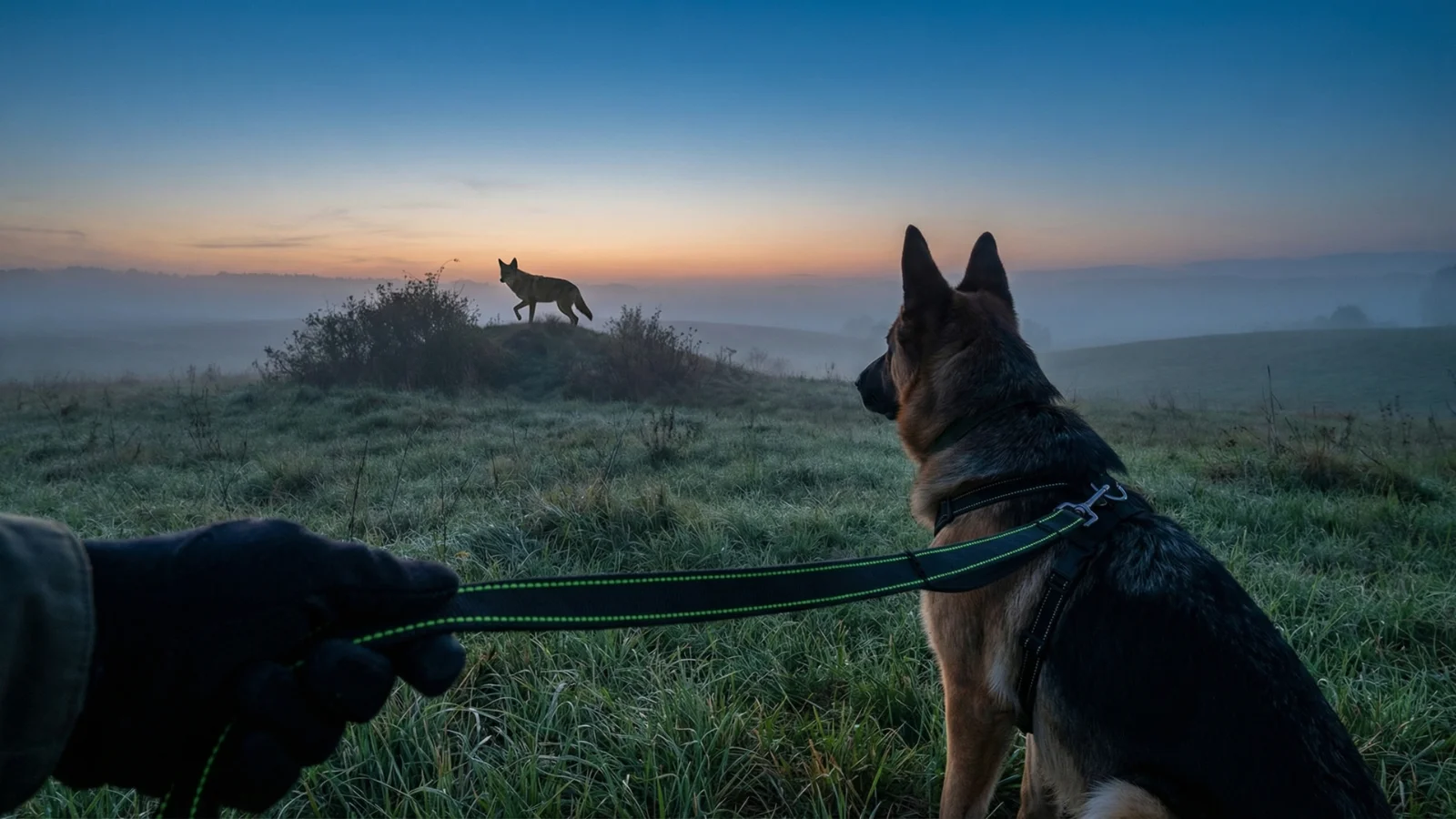 A person holds a leashed German Shepherd dog in the foreground, watching a wild coyote standing on a distant hill at twilight, illustrating coyote luring behaviour.