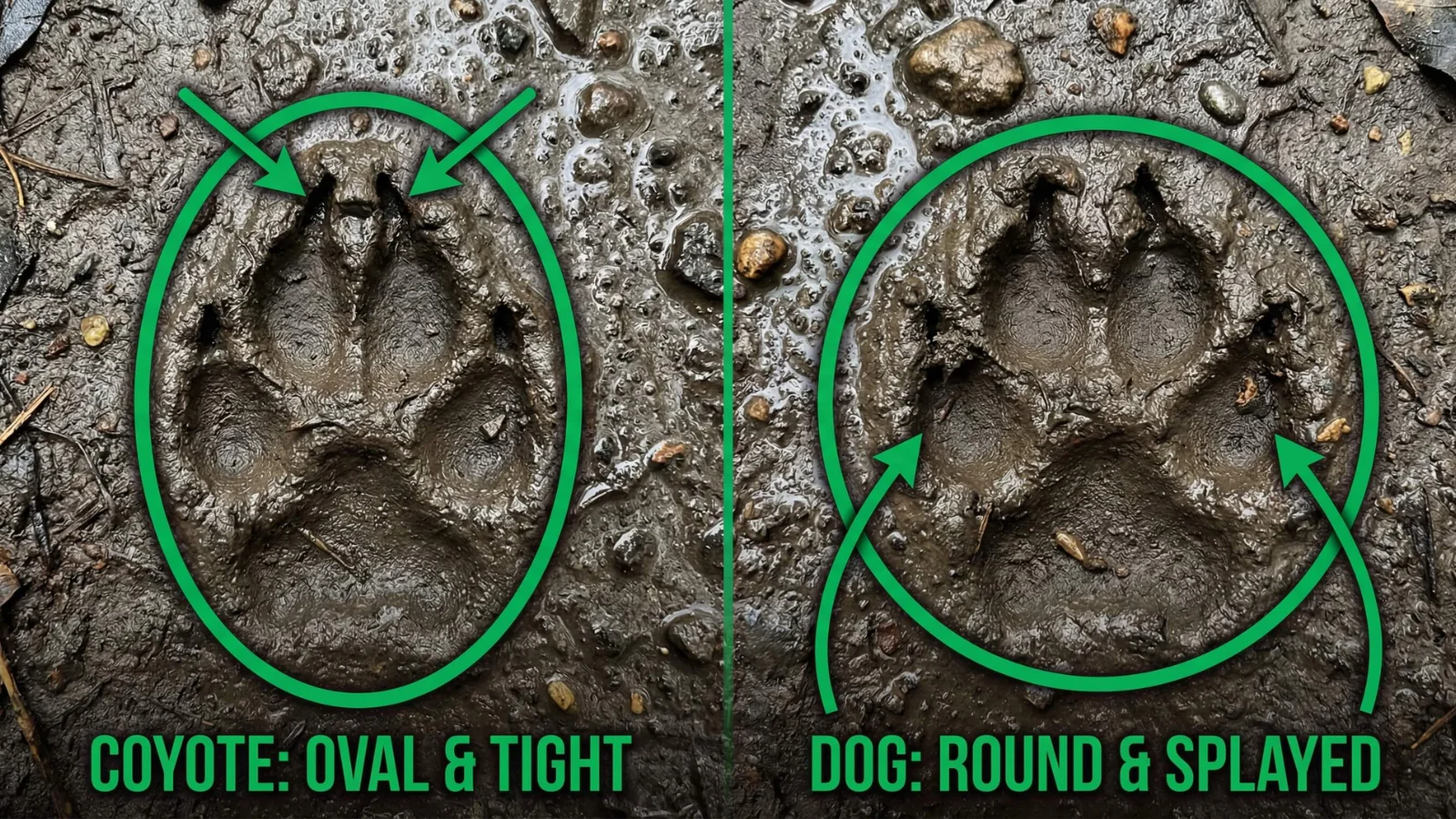 A visual field guide comparing coyote vs dog tracks in mud, highlighting the coyote's tight, oval paw print with inward-pointing claws alongside a domestic dog's rounder, splayed paw print.