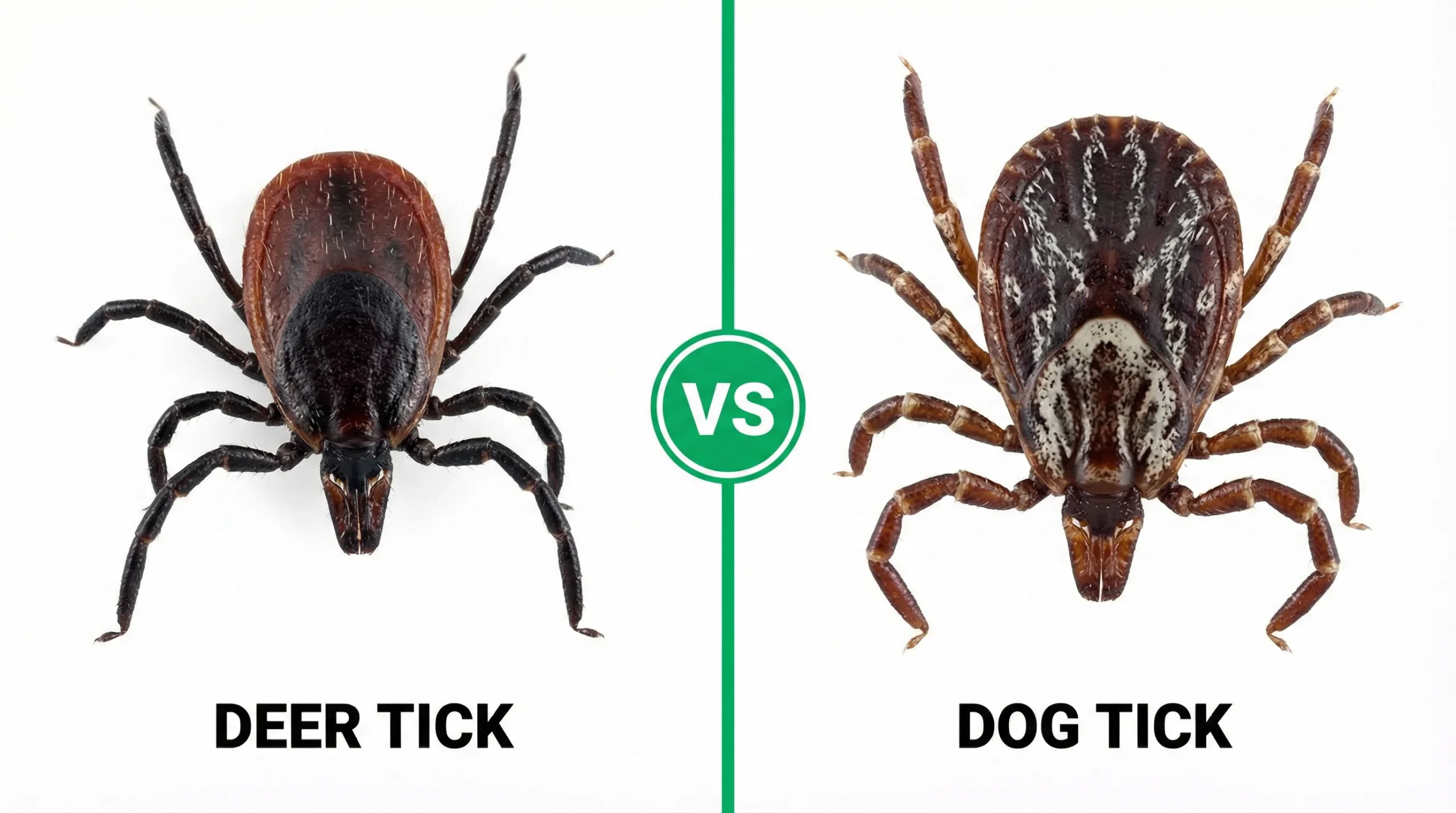 Deer tick vs dog tick comparison showing size, colour, and body markings