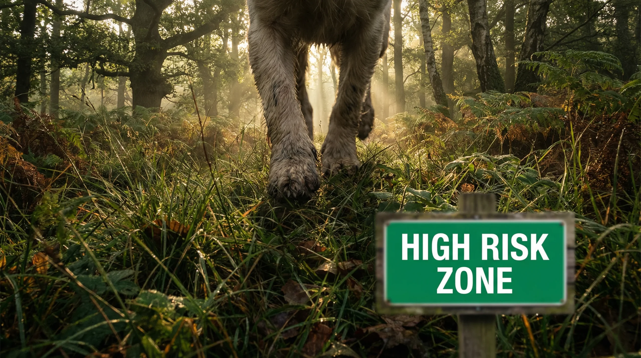 Deer Tick vs Dog Tick risk area showing dog walking through woodland