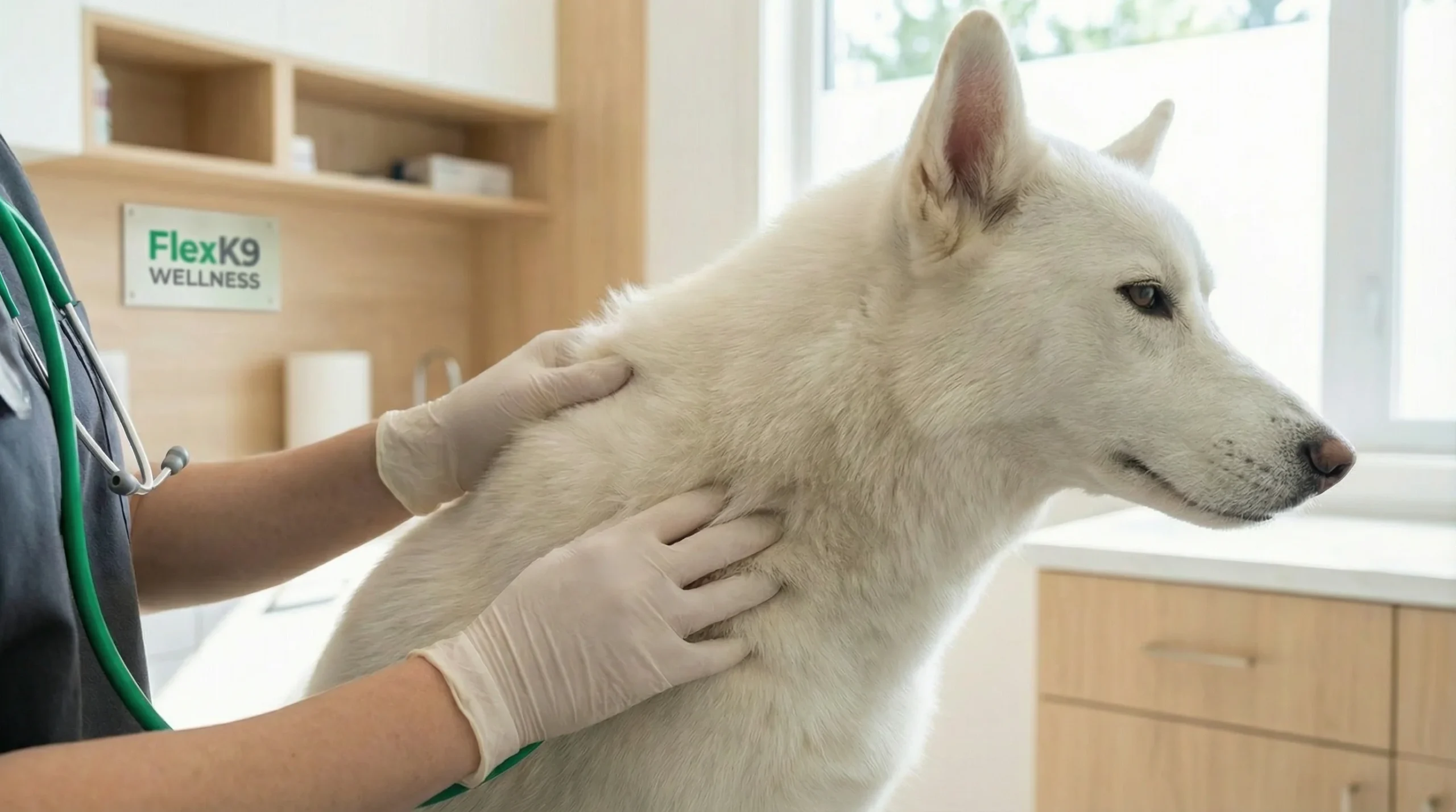 A dog owner performing a home health check to identify a dog cyst vs tumor on a white Husky.