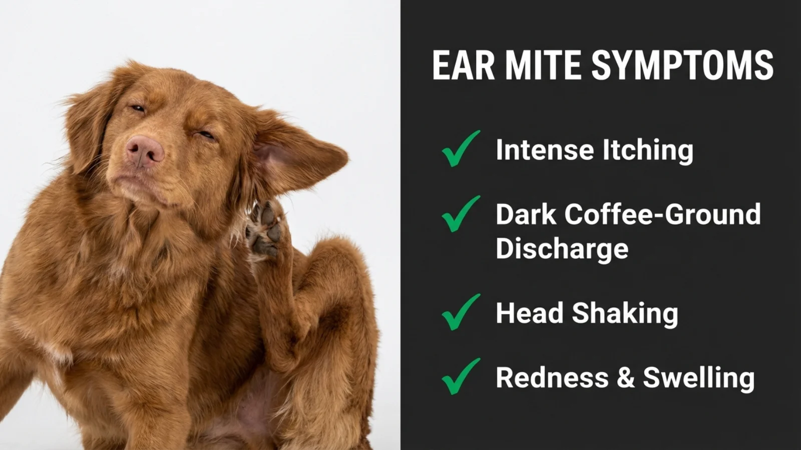 A brown dog scratching its ear next to an infographic checklist showing the common symptoms of dog ear mites, including intense itching and head shaking.