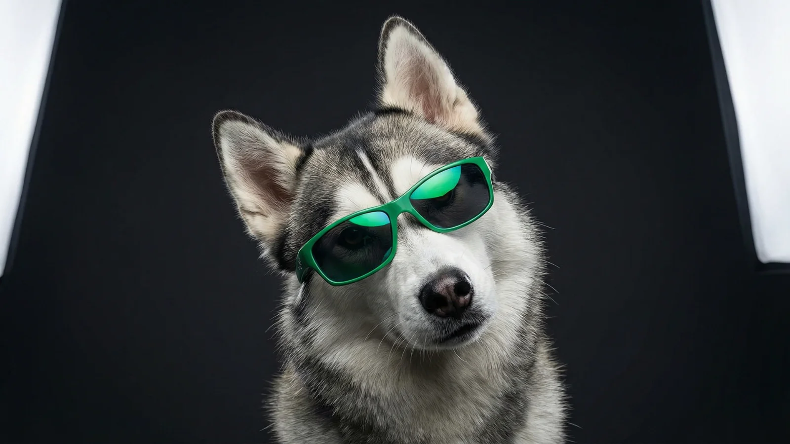 Dog ear mites guide featured image showing a Siberian Husky wearing FlexK9 green sunglasses.