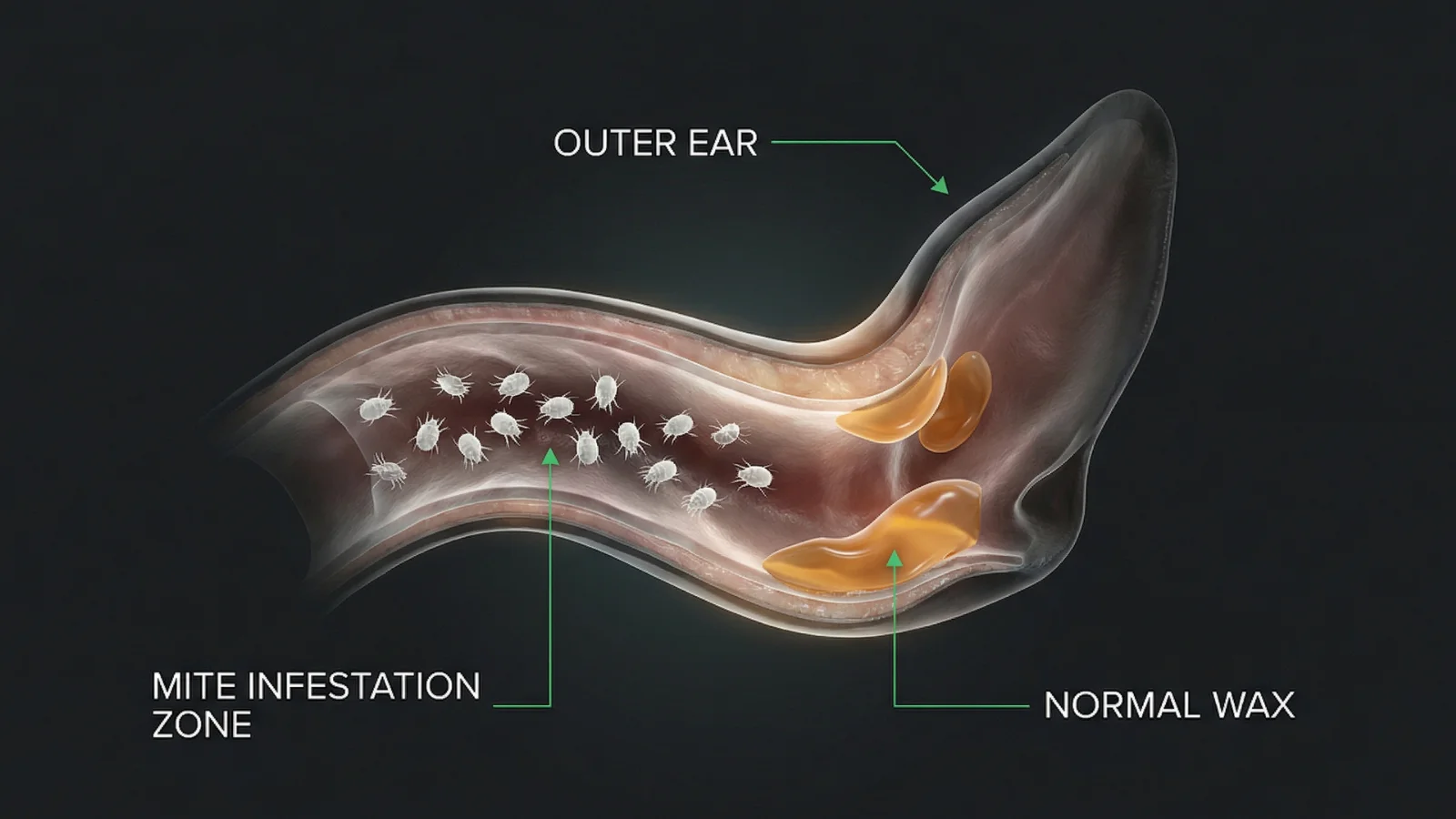A medical illustration of a canine ear canal showing the deep "mite infestation zone" where dog ear mites live compared to normal ear wax nearer the outer ear.