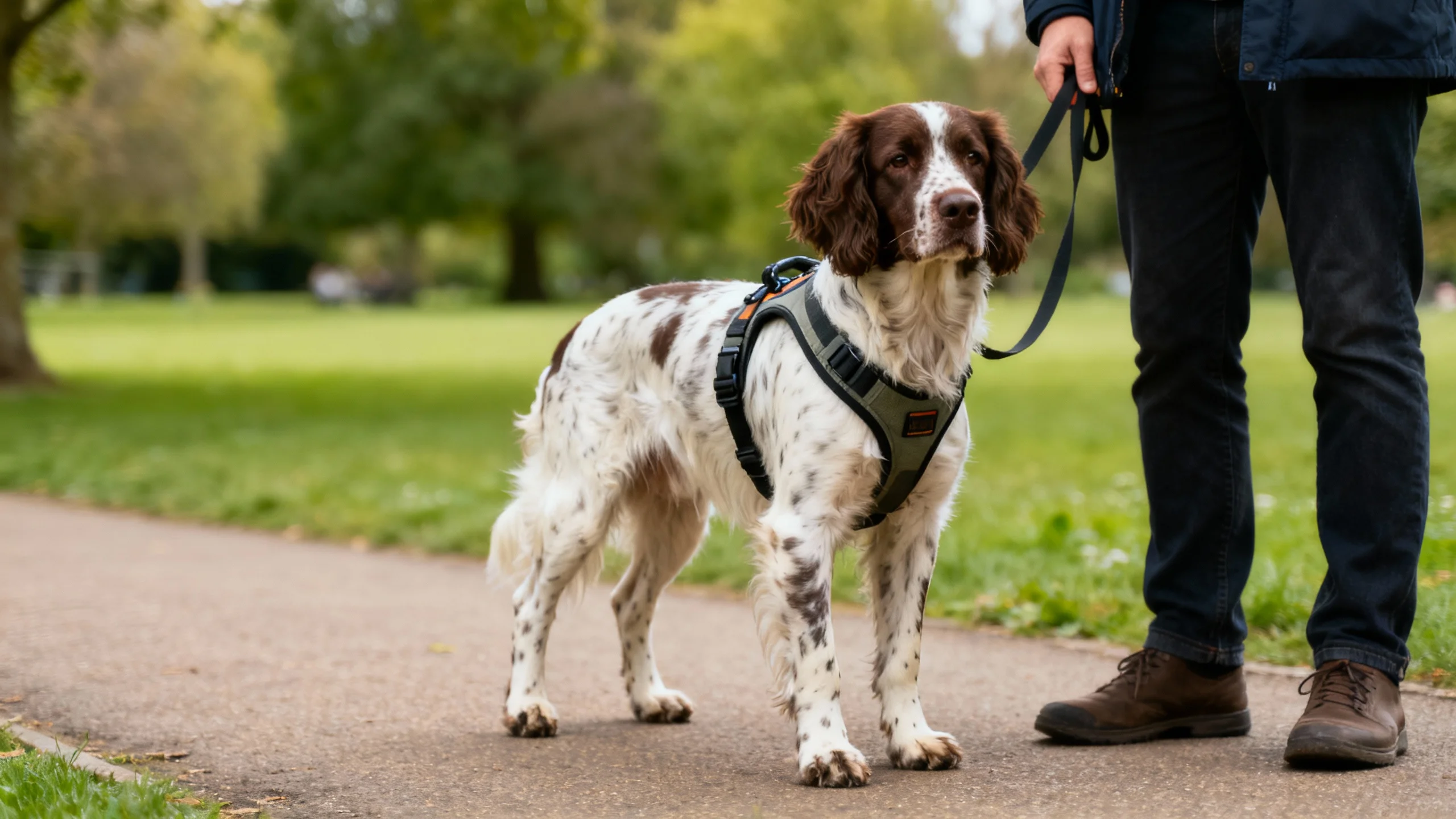 dog harness vs collar UK — dog wearing harness during safe walk in British park
