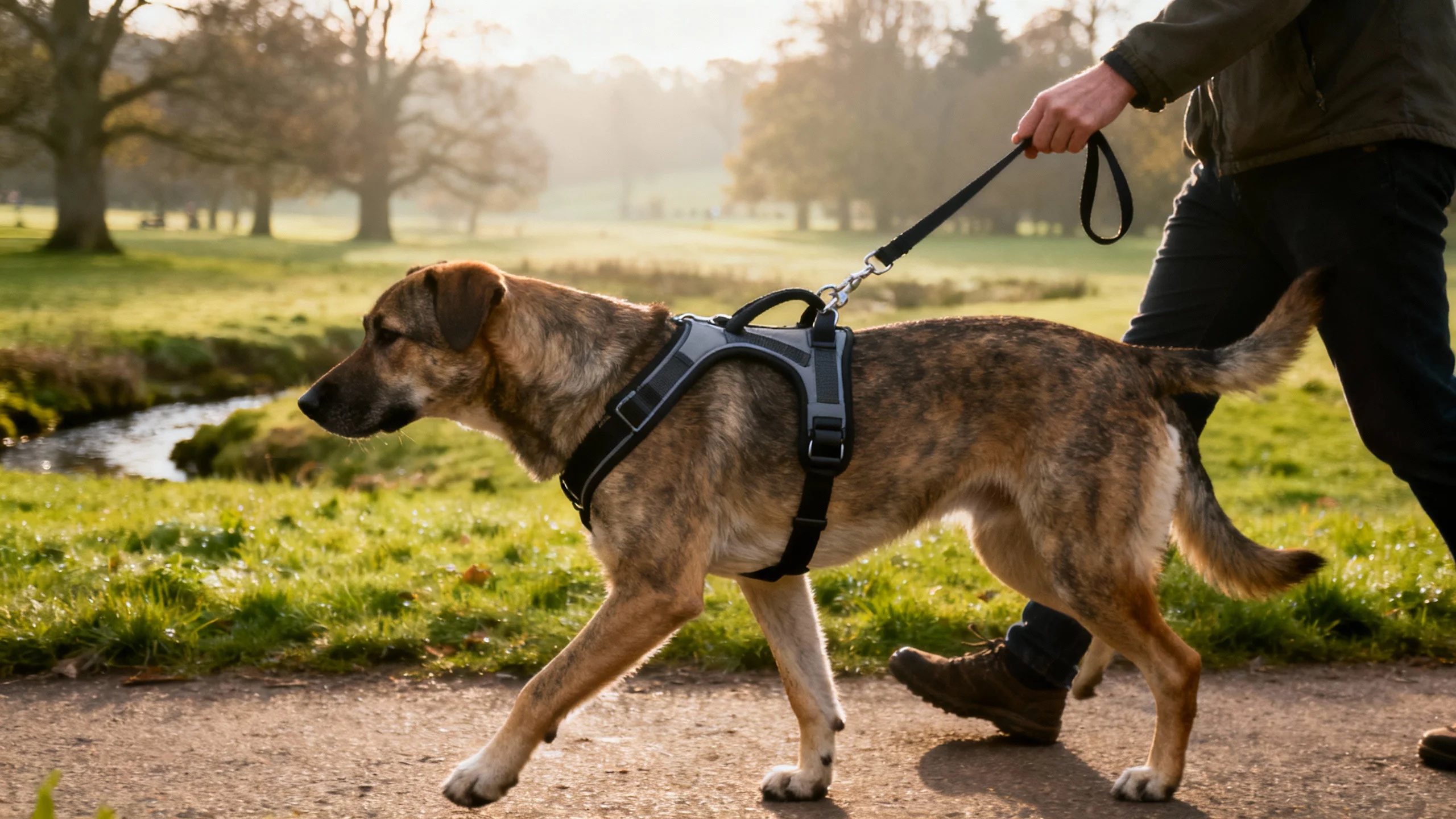 dog harness vs collar — dog walking on front-clip harness in UK countryside