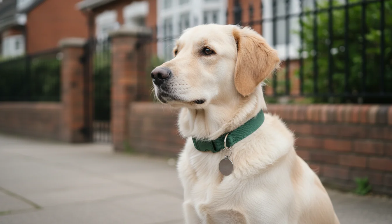 dog harness vs collar — Labrador wearing flat dog collar with ID tag in UK street