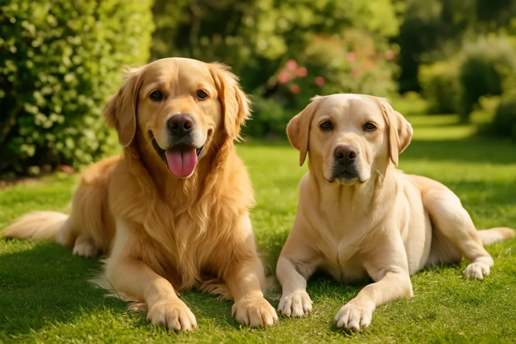 Golden Retriever vs Labrador lying side by side on a sunny lawn, showcasing physical traits and temperament differences between the two breeds.