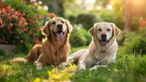 Golden Retriever and Labrador lying in a garden side by side, highlighting breed differences