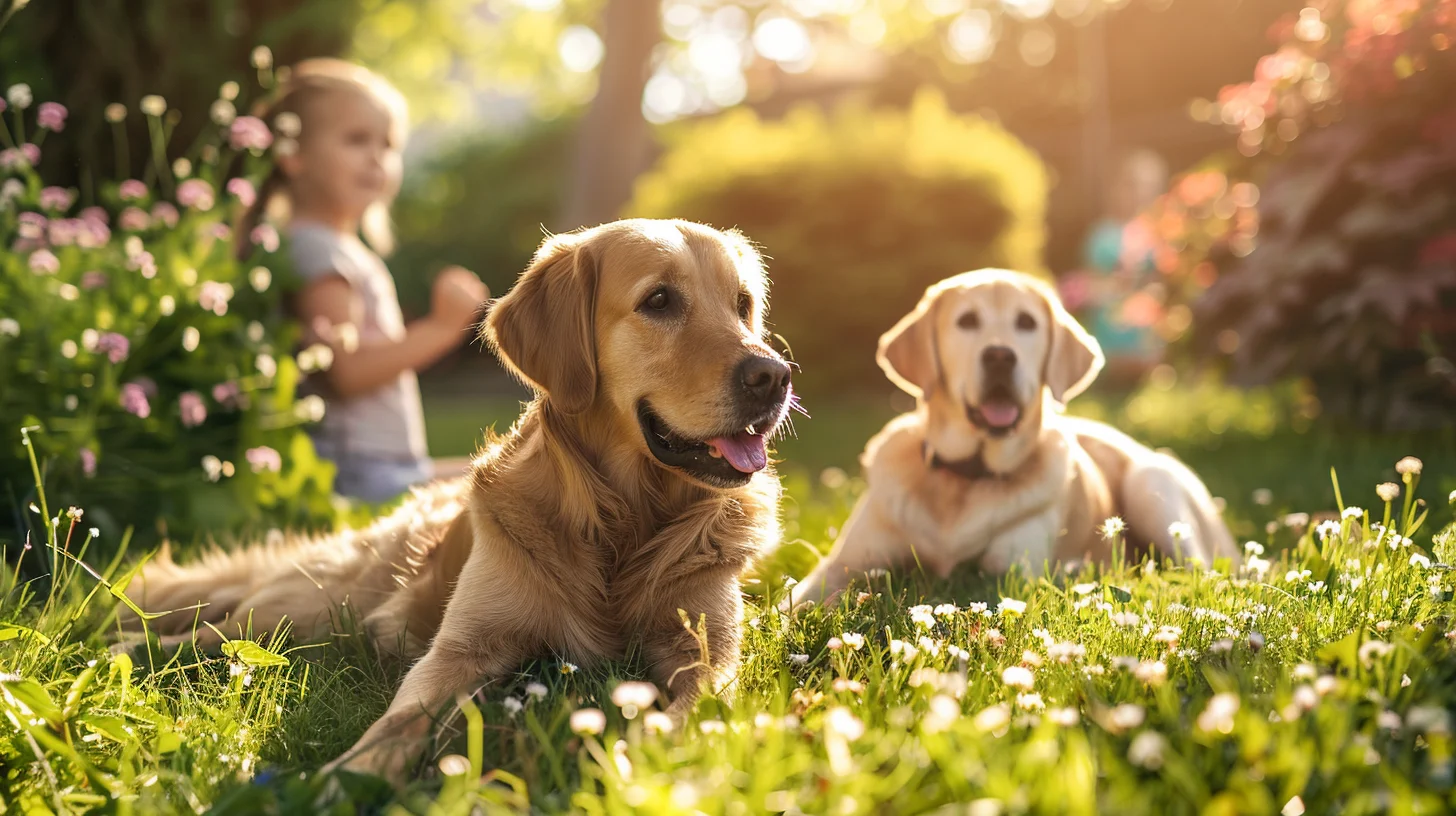 Golden Retriever and Labrador relaxing together in a sunny garden with children in the background – illustrating lifestyle compatibility for UK households.