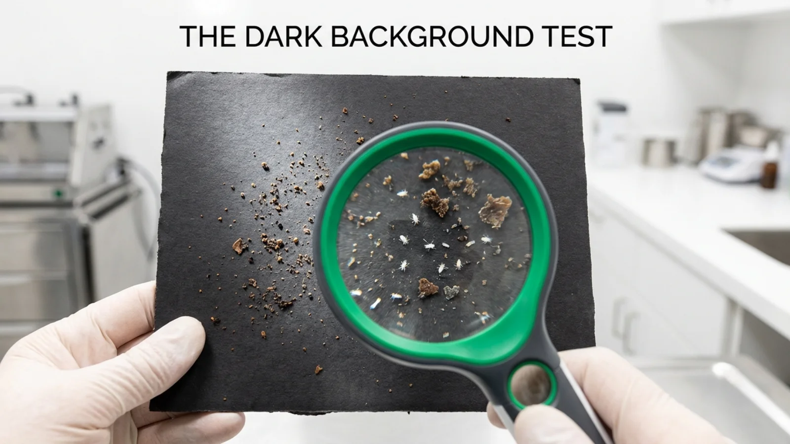 A magnifying glass showing tiny white dog ear mites moving against crumbly ear debris on a black background during the dark background test.1