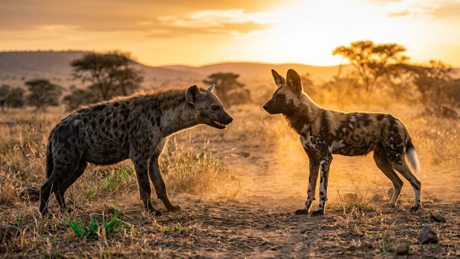 A dramatic hyena vs wild dog confrontation on the dusty African savanna at sunset, showcasing the hyena's heavy build against the wild dog's lean frame.