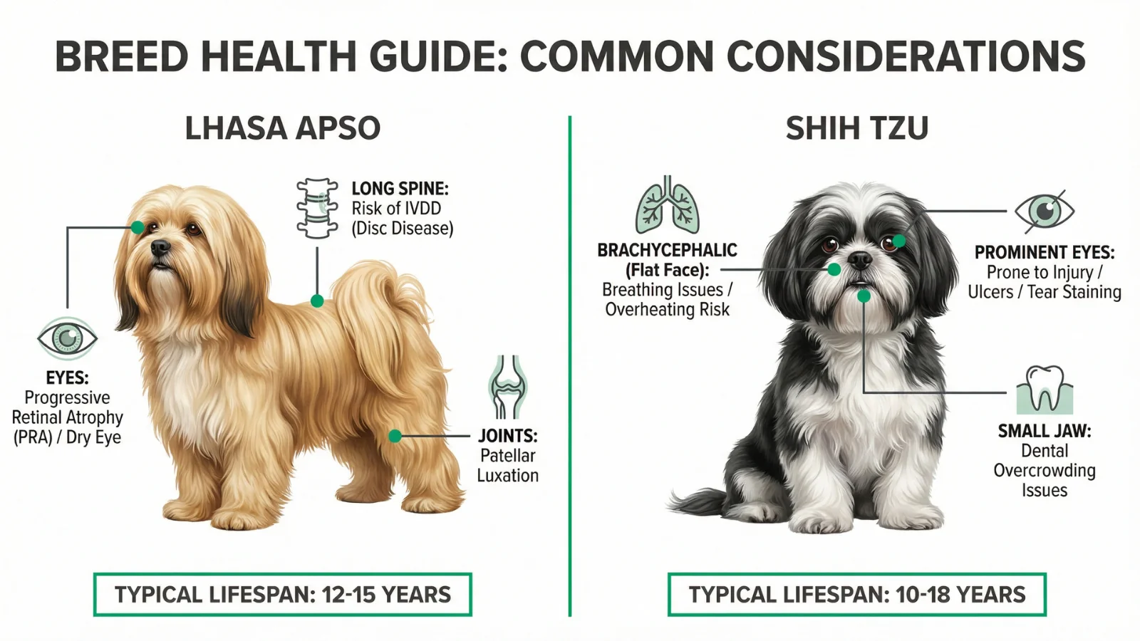 An infographic detailing common health issues and lifespan for Lhasa Apso and Shih Tzu dogs
