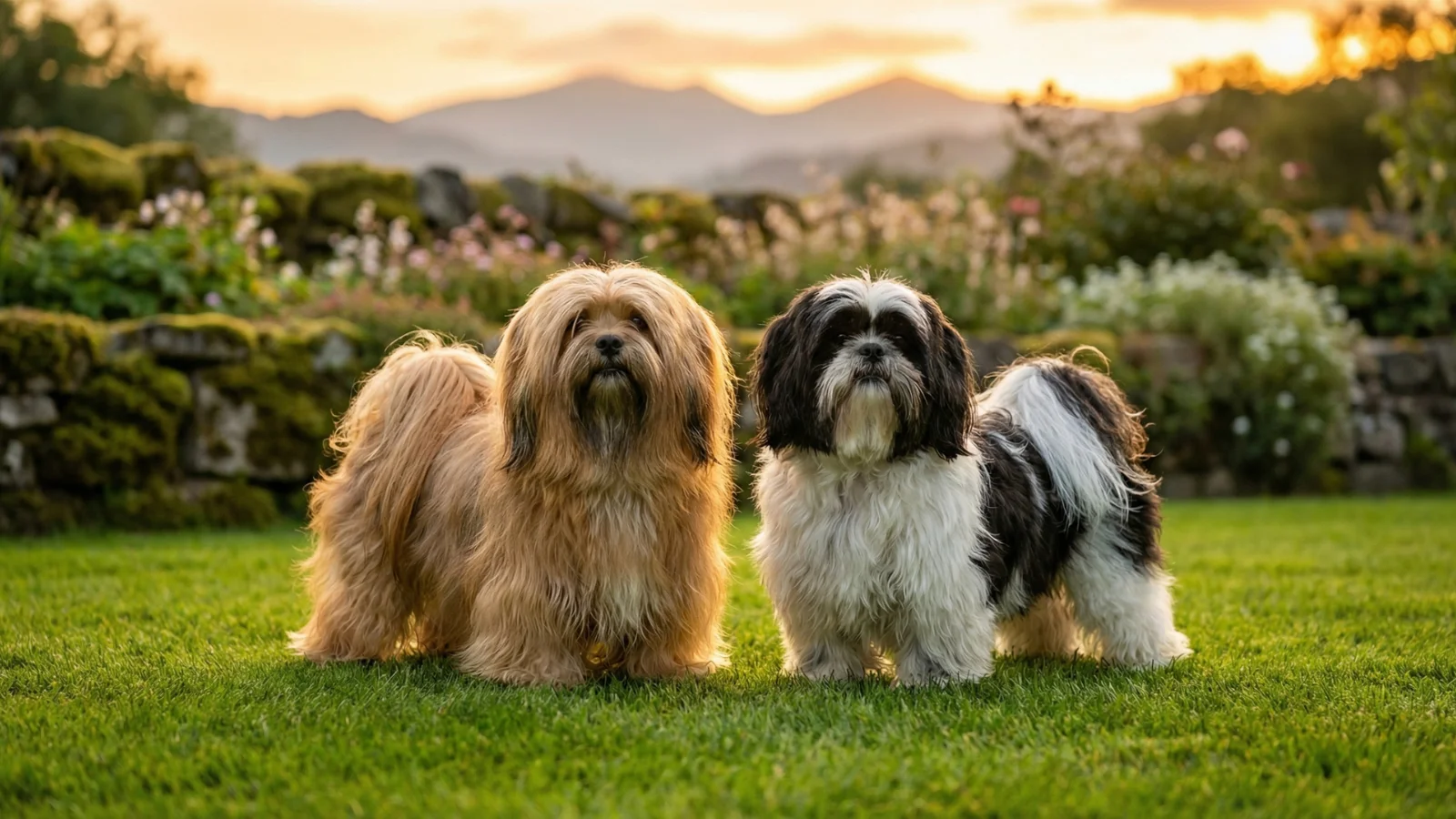 A golden Lhasa Apso and a black and white Shih Tzu standing side-by-side outdoors, illustrating a Lhasa Apso vs Shih Tzu breed comparison.