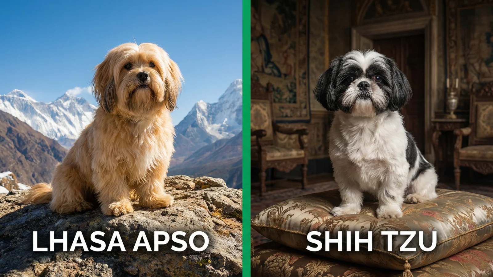 A golden Lhasa Apso and a black and white Shih Tzu standing side-by-side on a grassy lawn at sunset, illustrating a Lhasa Apso vs Shih Tzu breed comparison.