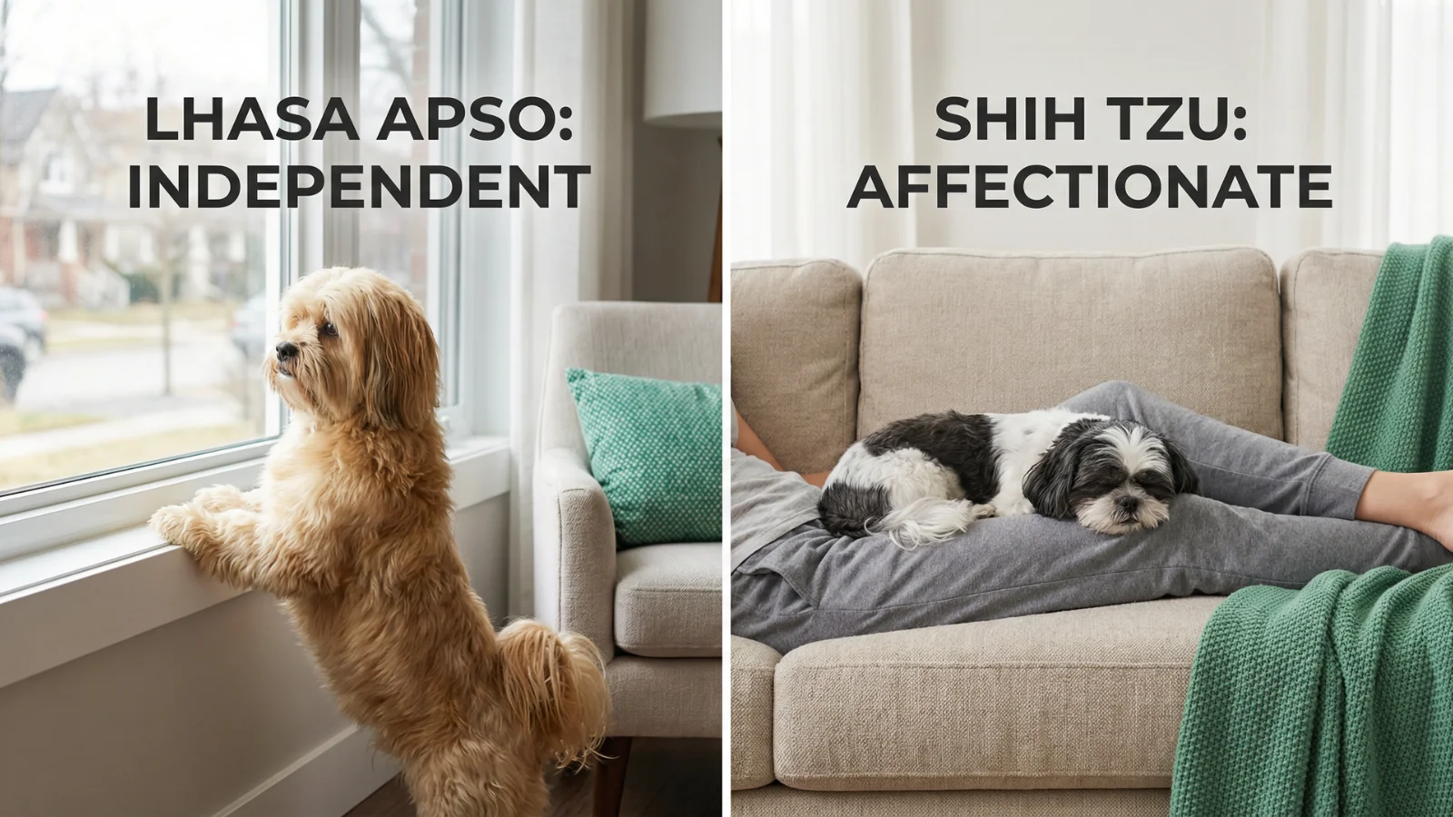 A split-screen comparison showing an independent golden Lhasa Apso standing and looking out a window versus an affectionate black and white Shih Tzu sleeping on a person's lap on a couch.