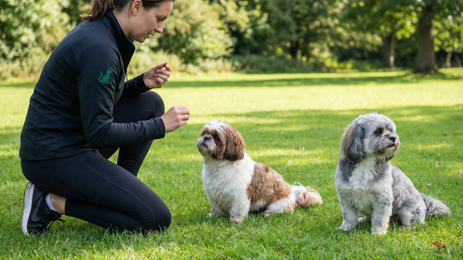 A dog trainer kneeling on grass with a treat, illustrating the difference in trainability between an attentive Shih Tzu and a stubborn, independent Lhasa Apso looking away.