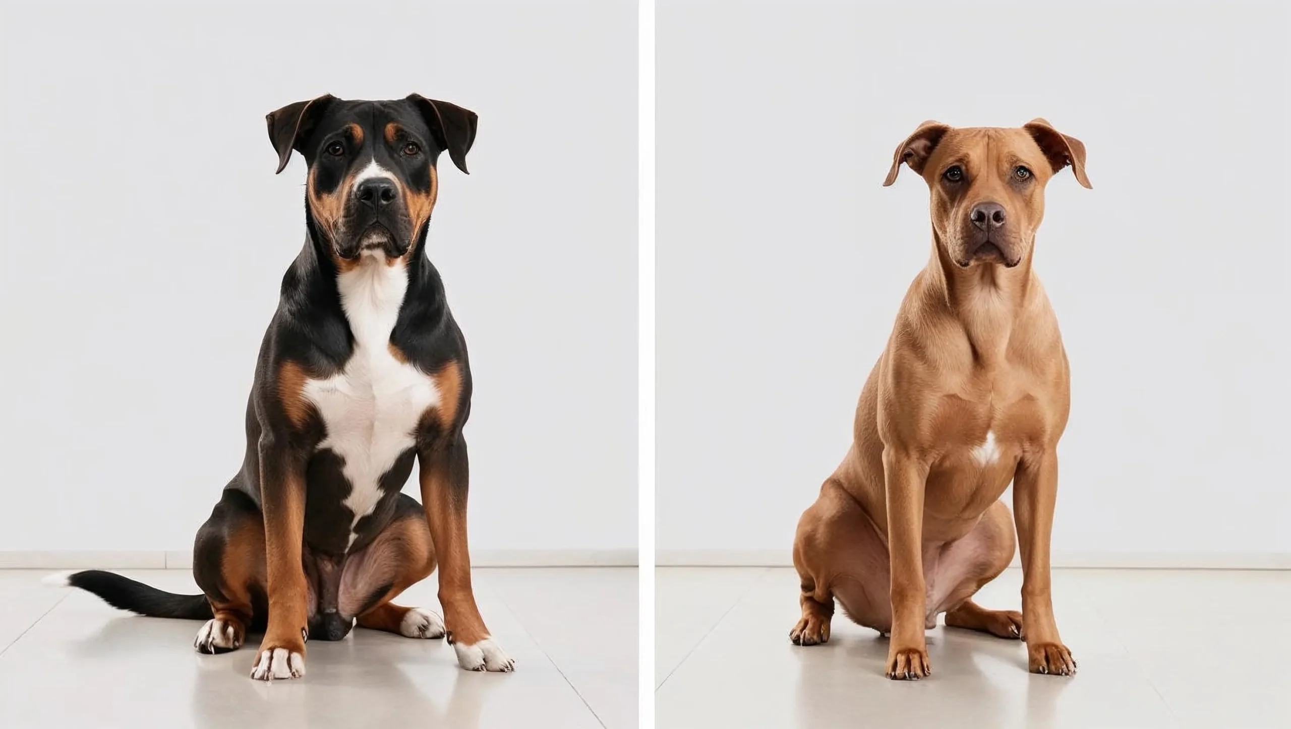 Male vs female dogs: side-by-side comparison showing a male dog on the left and a female dog on the right, both sitting calmly indoors on a white background.