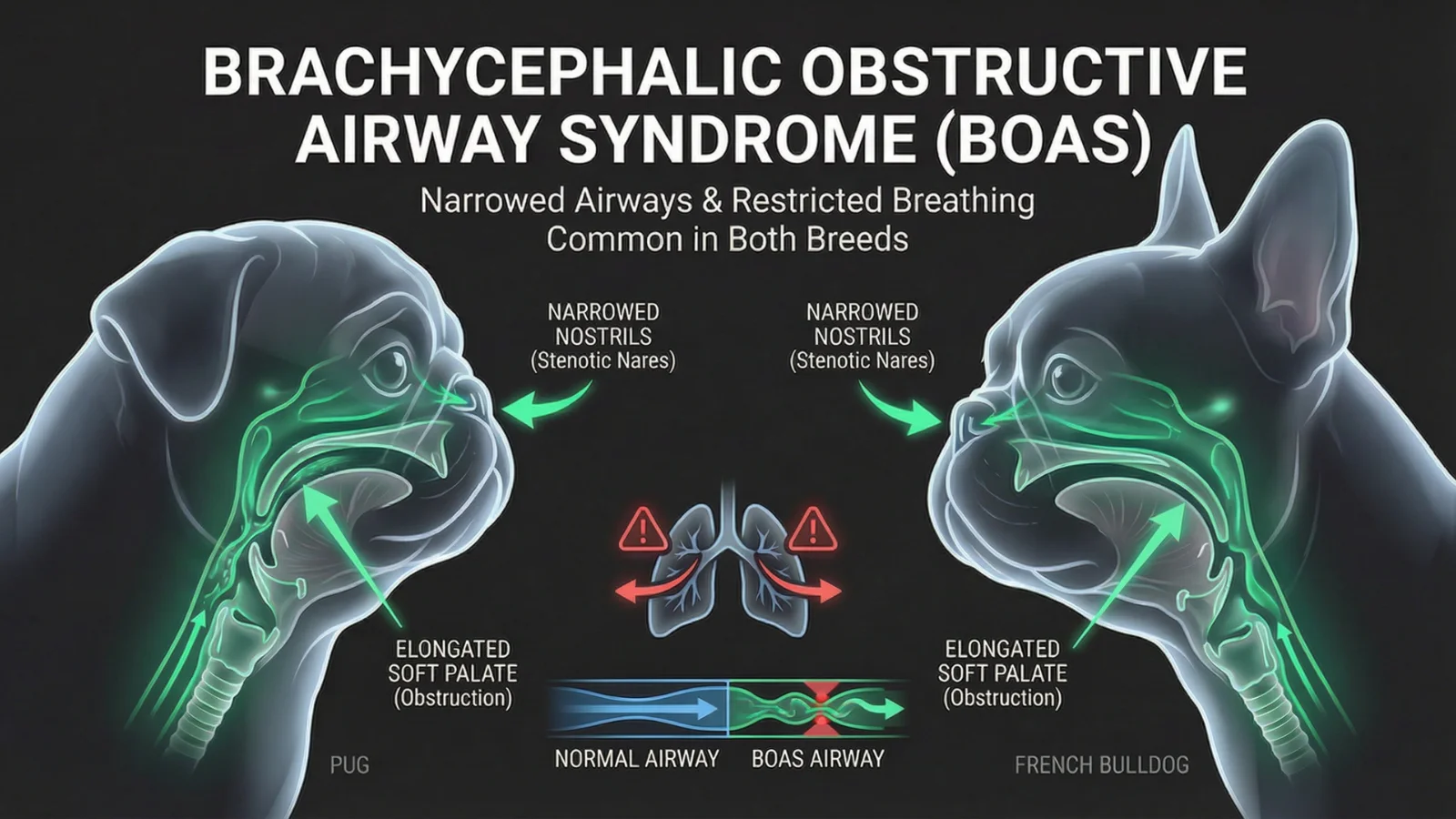 Medical infographic illustrating Brachycephalic Obstructive Airway Syndrome (BOAS) in a Pug vs French Bulldog, highlighting the narrowed nostrils and elongated soft palates that restrict their breathing.