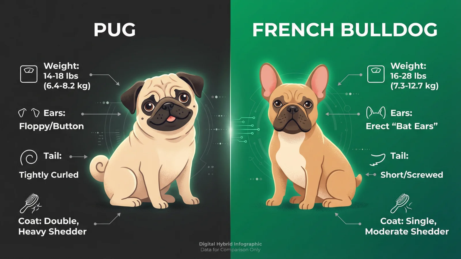 Digital hybrid infographic illustrating a pug dog vs french bulldog physical stats comparison, detailing weight, ear shape, tail type, and coat shedding levels.