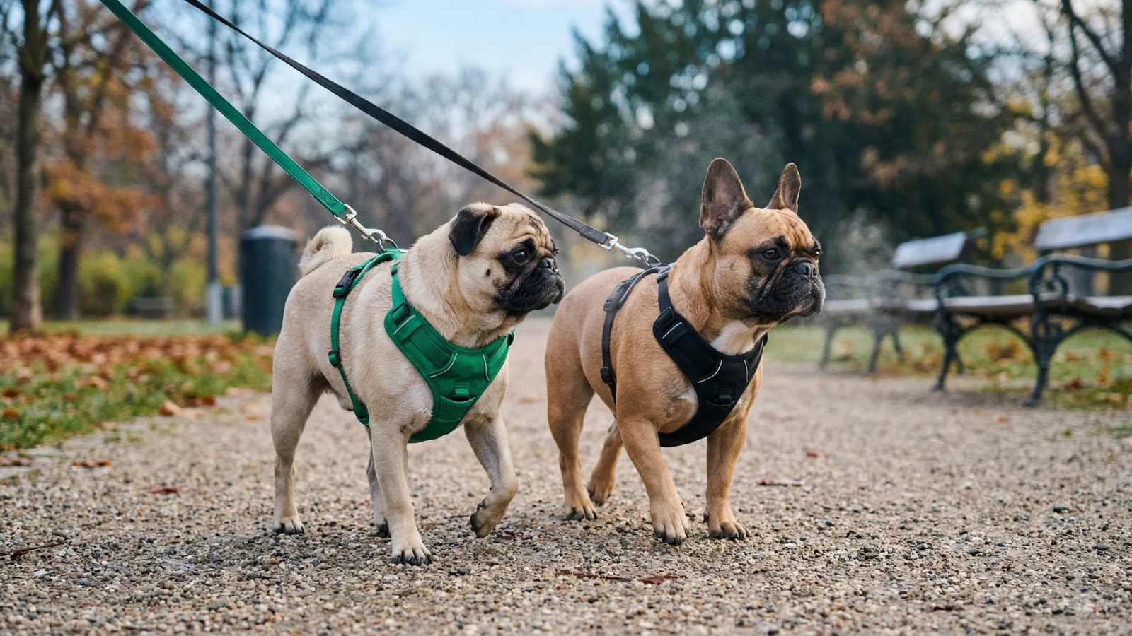 A fawn Pug and French Bulldog walking side-by-side on a park path wearing safe, Y-shaped harnesses, illustrating proper exercise gear in a Pug vs French Bulldog comparison.