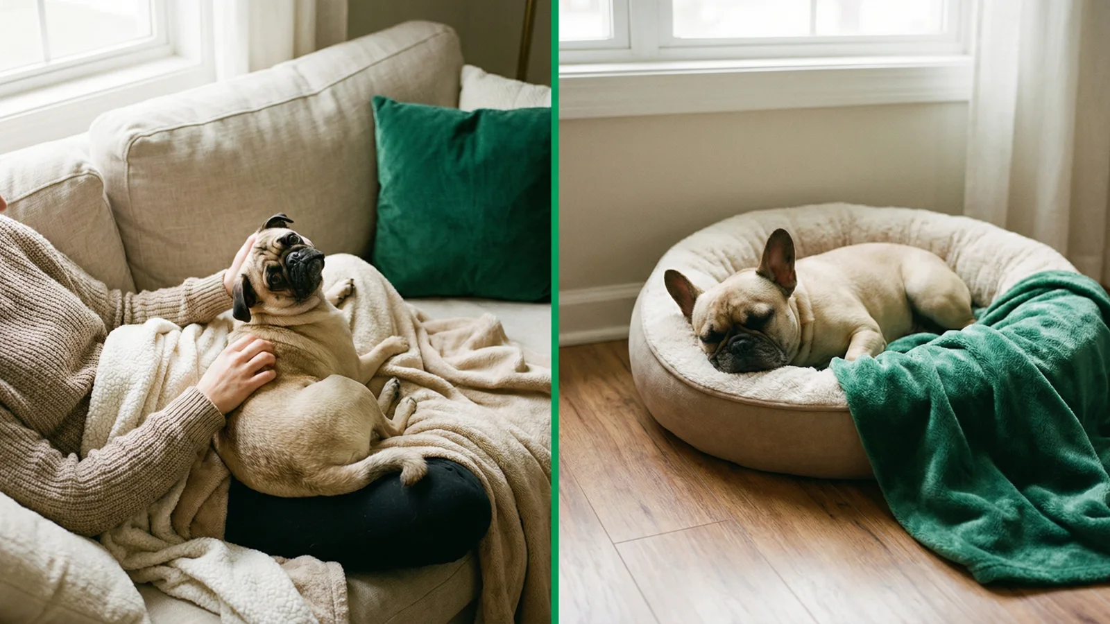 Pug dog vs french bulldog temperament comparison showing a clingy pug cuddling and a relaxed Frenchie resting independently.