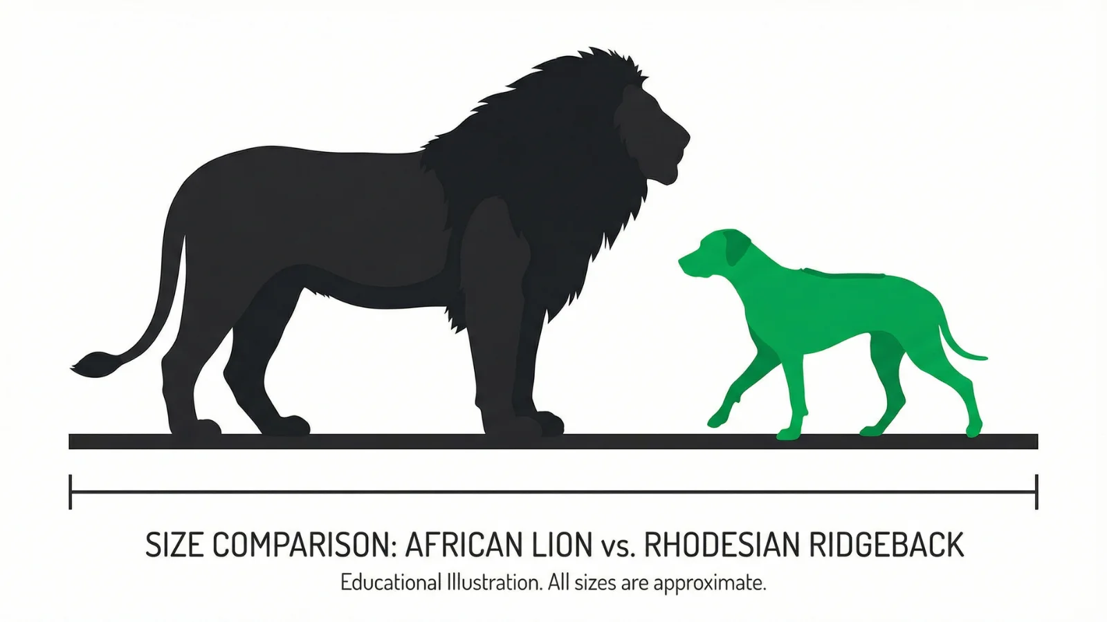 Infographic silhouette comparing the massive size of an African lion to a Rhodesian Ridgeback dog.