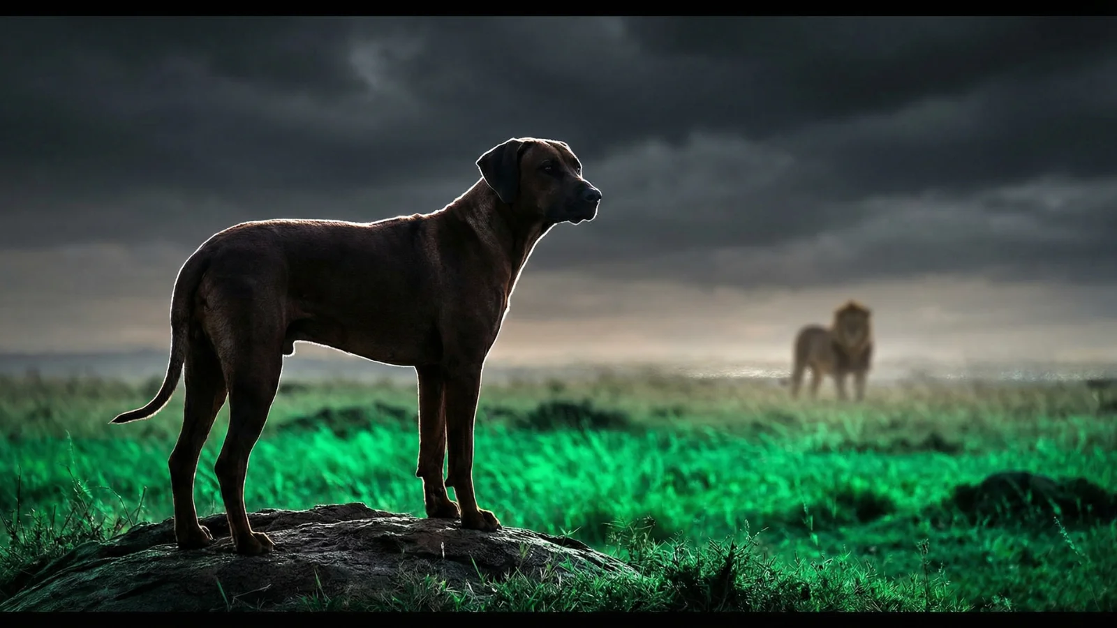 Ridgeback dog vs lion illustration showing a Rhodesian Ridgeback dog standing proudly on the African savanna at dusk, tracking a blurred lion in the distant background.