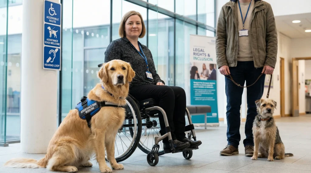 Service Dog vs Emotional Support Dog in a UK public building showing an assistance dog with a disabled handler and a pet dog with its owner.