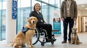 Service Dog vs Emotional Support Dog in a UK public building showing an assistance dog with a disabled handler and a pet dog with its owner.