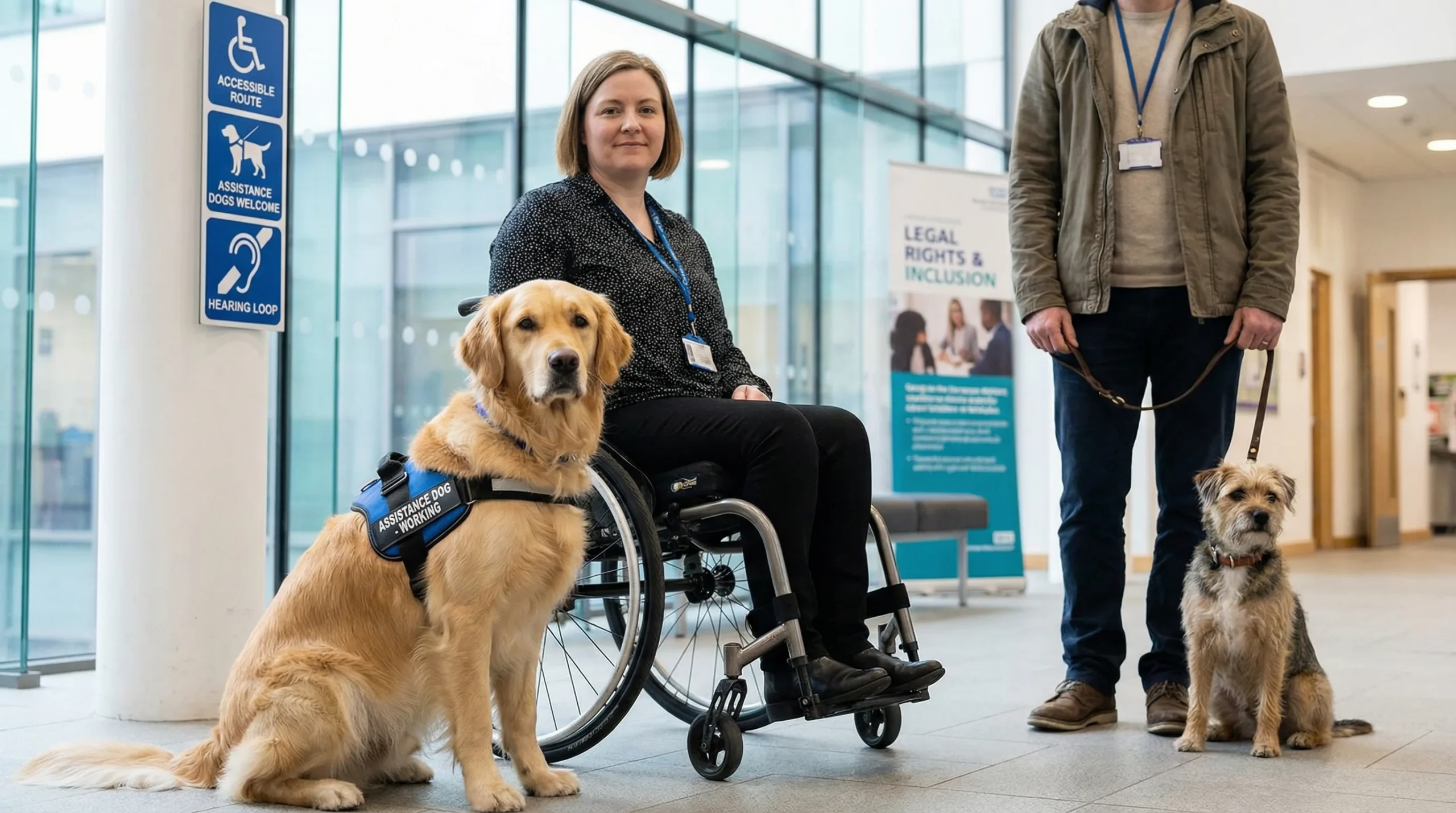 Service Dog vs Emotional Support Dog in a UK public building showing an assistance dog with a disabled handler and a pet dog with its owner.