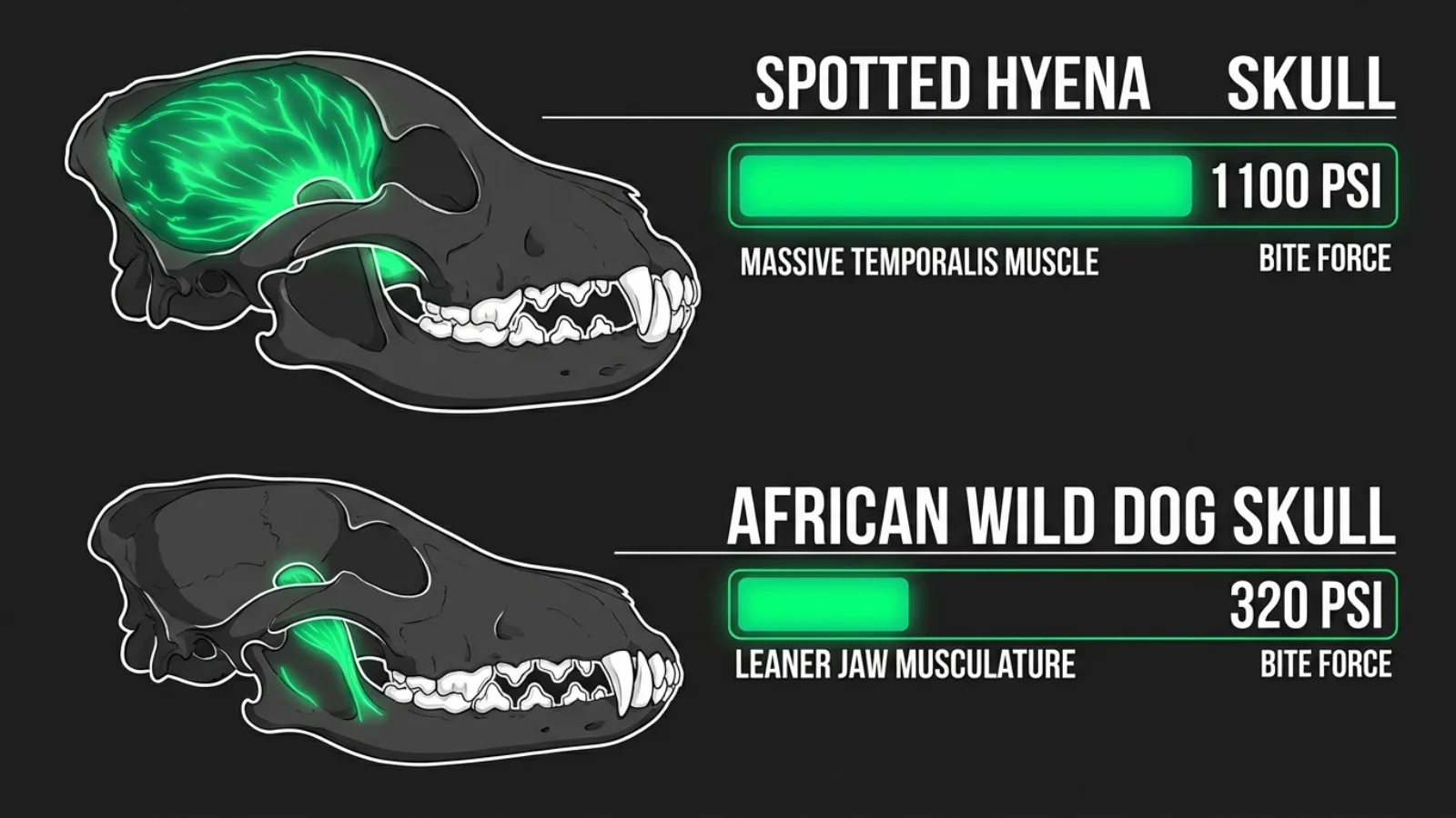 Anatomical diagram comparing spotted hyena bite force to domestic and African wild dog jaw mechanics.