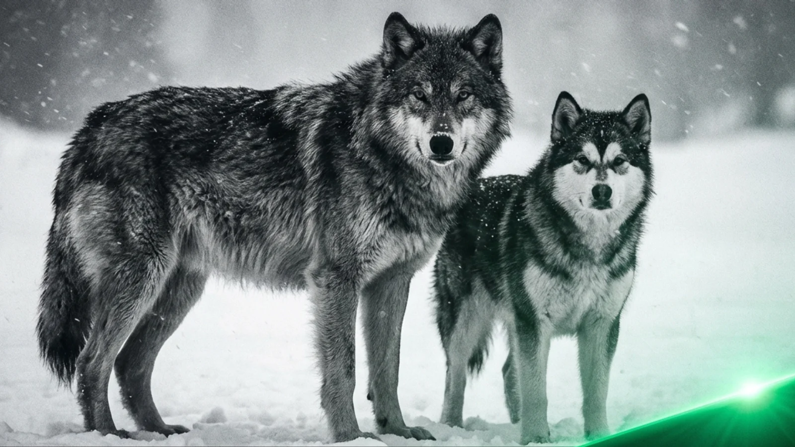 A dramatic side-by-side wolf vs dog size comparison showing the massive height and weight differences between a wild grey wolf and a domestic husky in the snow.