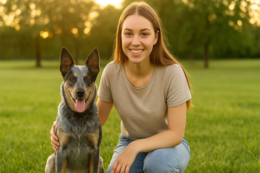 Are Australian Cattle Dogs suitable for first-time dog owners: young woman bonding with her Australian Cattle Dog in a sunny park, sitting together calmly.
