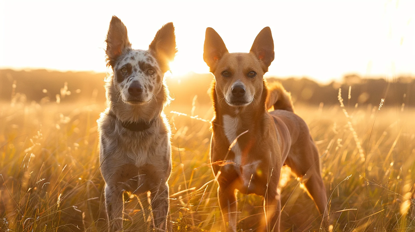 Queensland Heeler vs Australian Cattle Dog: visual comparison of both dogs standing side by side in a grassy field at golden hour.