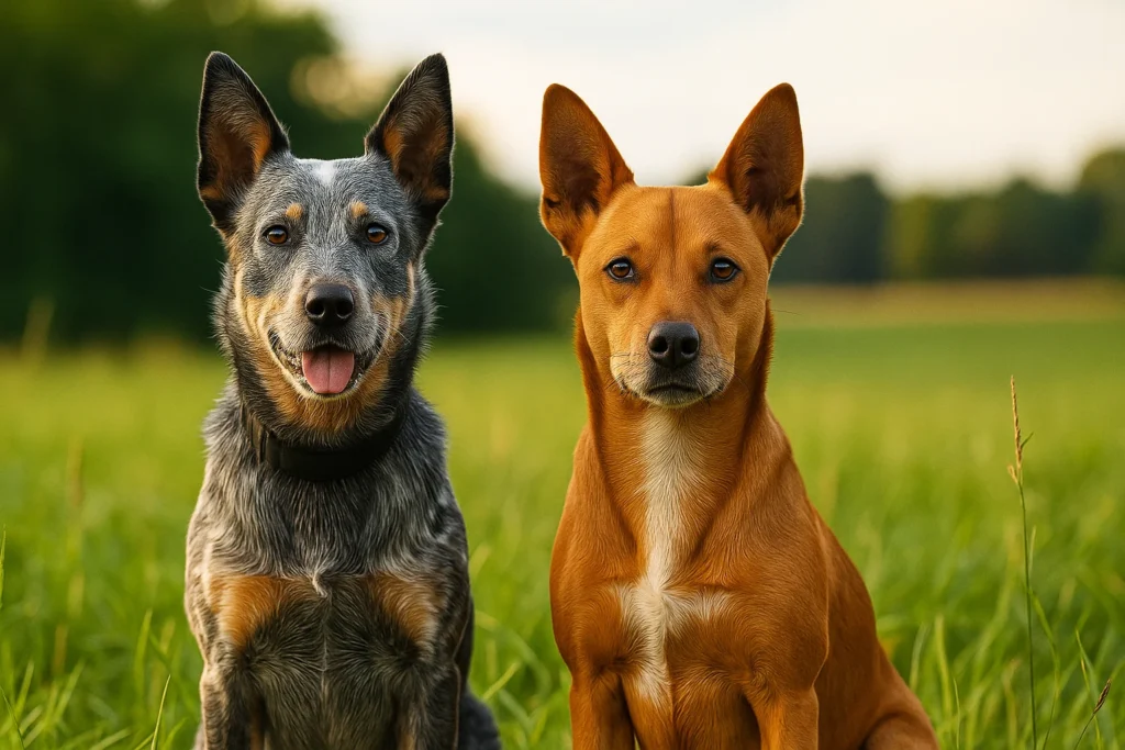 Queensland Heeler vs Australian Cattle Dog Differences: two dogs sitting side by side in a green field showing coat and build variations.