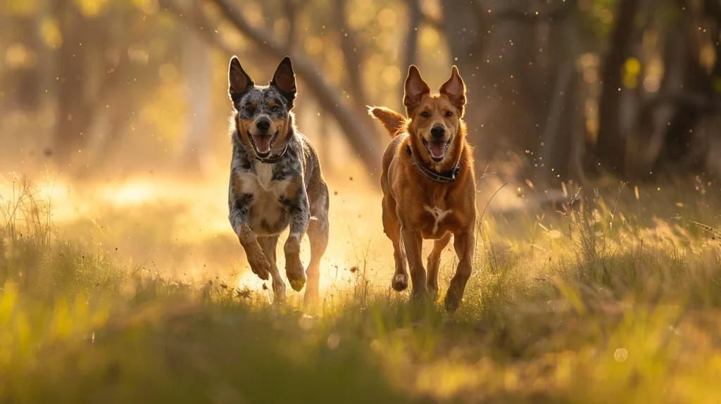 Queensland Heeler vs Australian Cattle Dog Differences: two athletic cattle dogs running through a sunlit field, highlighting their high exercise and activity needs.