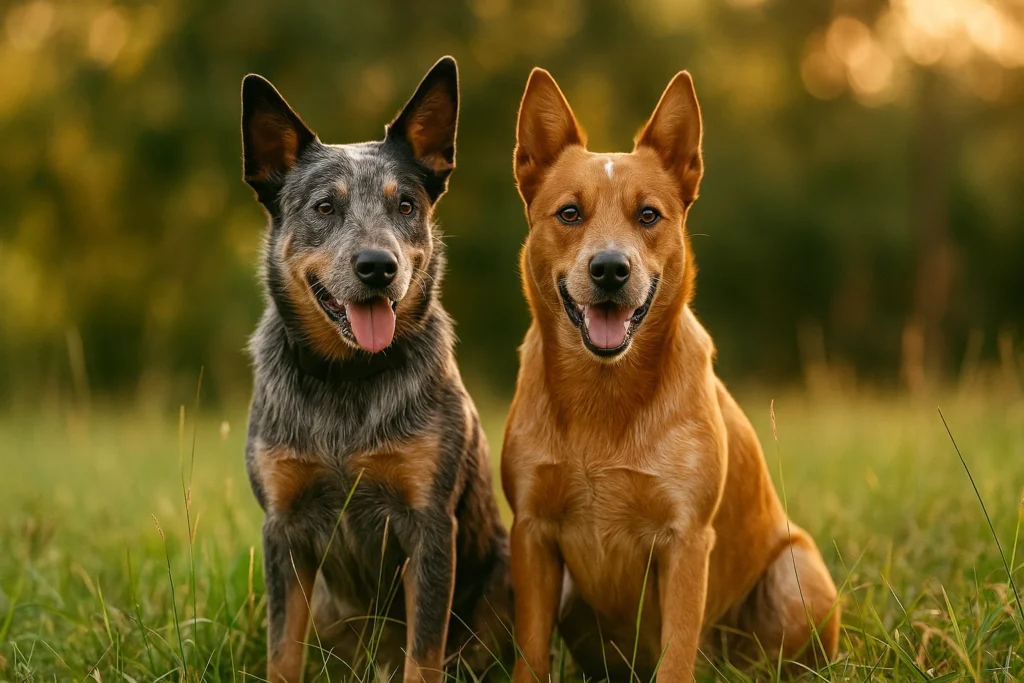 Queensland Heeler vs Australian Cattle Dog Differences: two cattle dogs interacting calmly in a grassy field, showing alert but friendly behavior.
