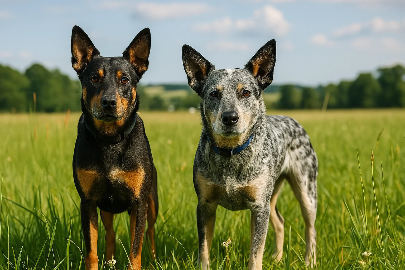 Stumpy Tail Cattle Dog vs Australian Cattle Dog: Side-by-Side Physical Comparison Stumpy Tail Cattle Dog vs Australian Cattle Dog: key physical differences shown side by side in a grassy field.
