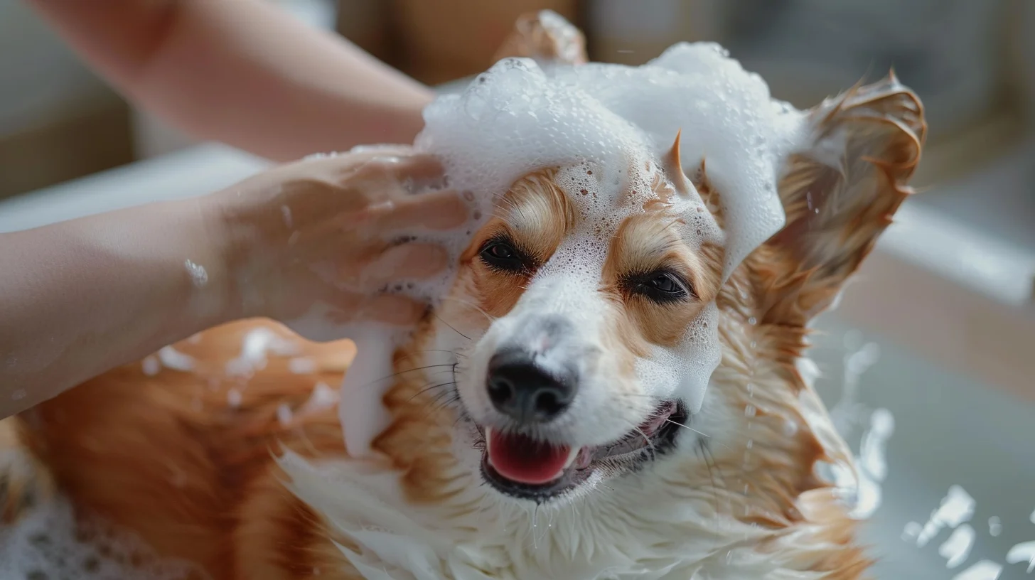 Dog being gently bathed with shampoo by owner in a bright home bathroom, looking calm and clean.