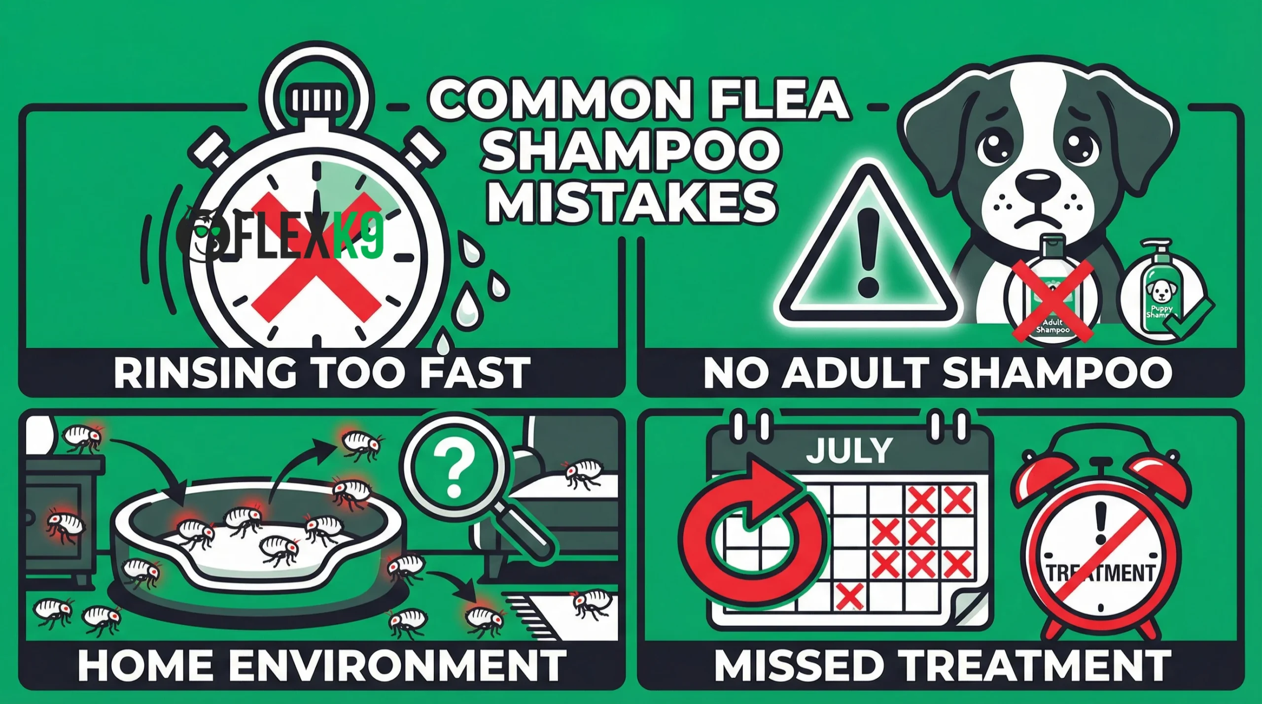 Common mistakes when using the best flea shampoo for dogs Best flea shampoo for dogs common mistakes infographic showing rinsing too fast, using adult products on puppies, ignoring home environment, and missing repeat treatment