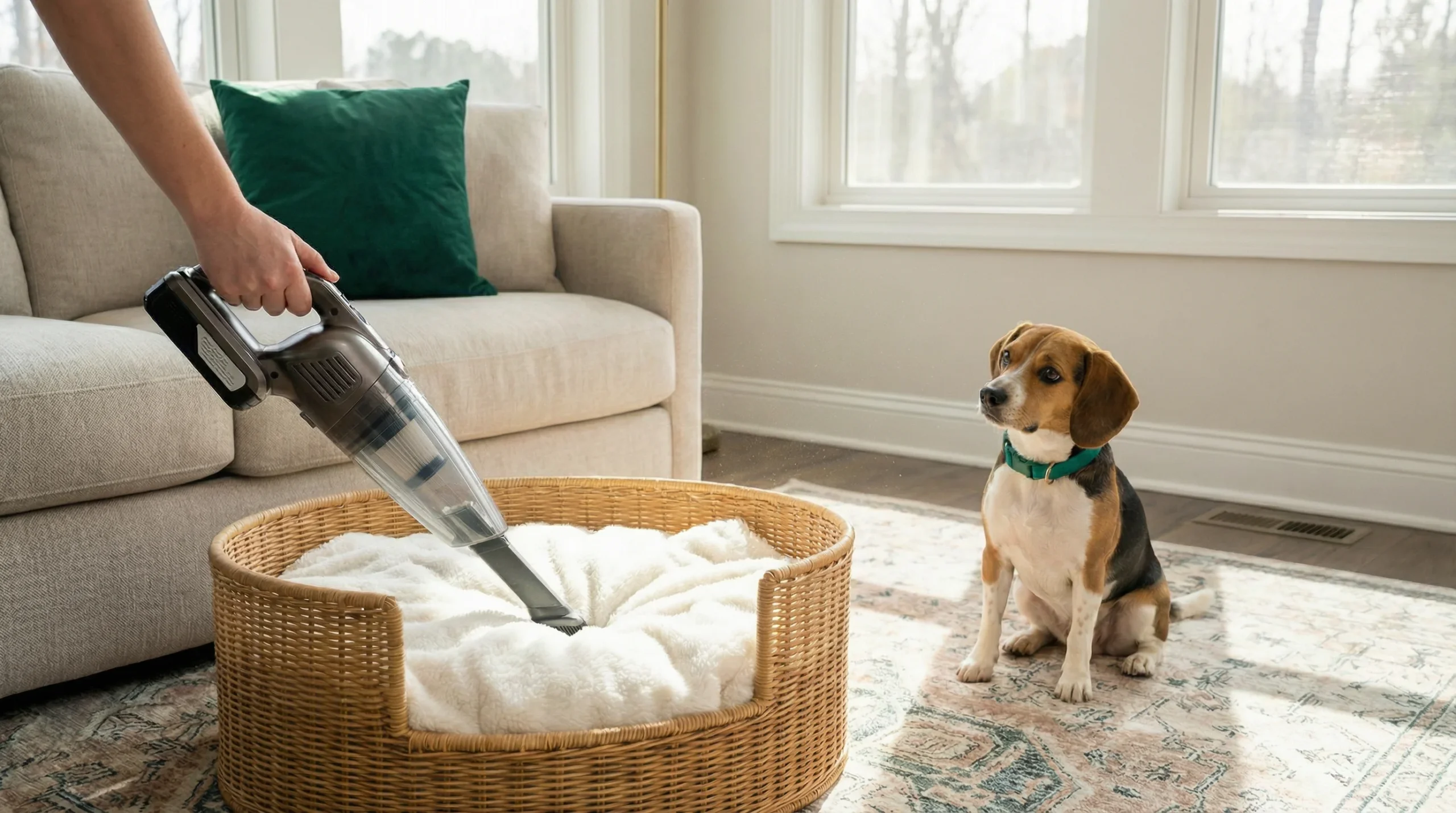 Best flea shampoo for dogs additional prevention tip showing vacuuming dog bedding and home environment to prevent reinfestation