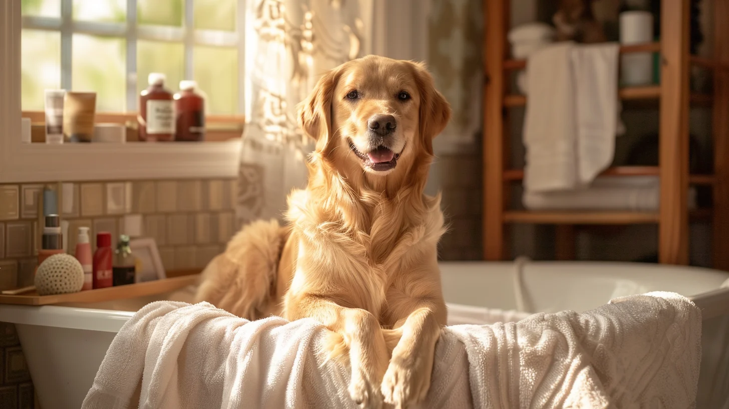 Golden retriever sitting calmly on a towel in a bright home bathroom, looking healthy and comfortable.