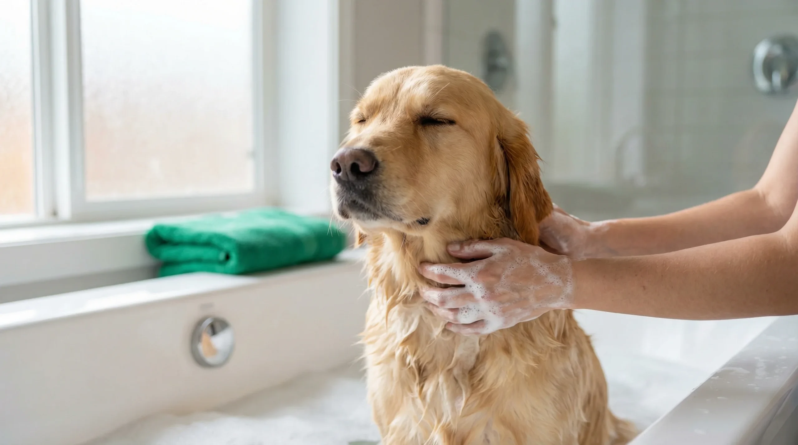 Best shampoo for dogs with itchy skin being gently massaged into a dog’s coat to soothe irritation and dryness