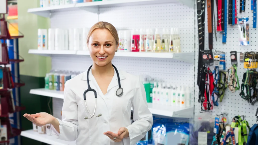 Smiling veterinarian standing in front of pet care products to help choose the best medicated dog shampoo for skin allergies